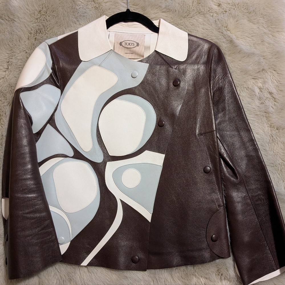 TOD'S Women's Brown and White Leather Jacket